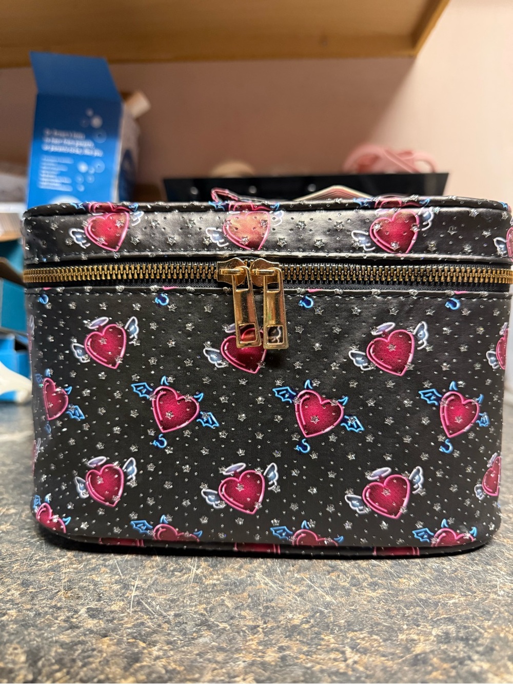 Angel Devil Heart Cosmetic Train Case Black Pink Red Makeup Bag NWT